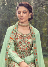 Load image into Gallery viewer, buy pleasure pastel green colored silk base printed straight suit
