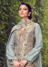 Load image into Gallery viewer, buy fabulous fossil grey colored silk base printed pant style suit
