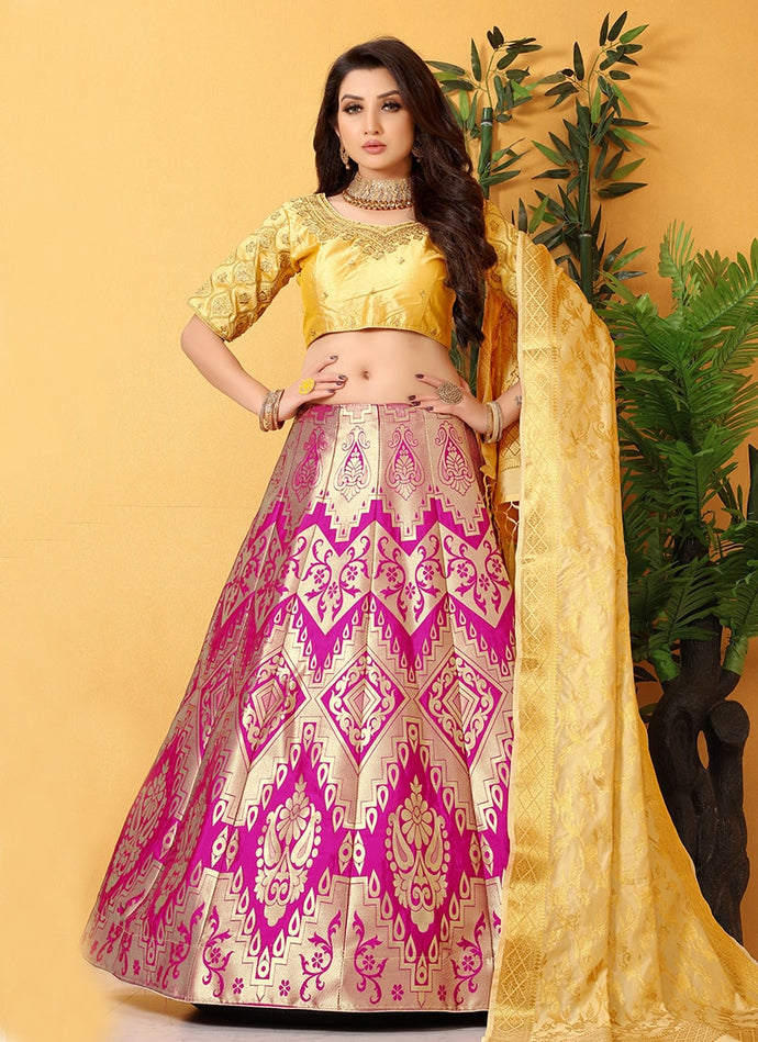Pink Color Jacquard Silk Material Silk Weave Banarasi Lehenga