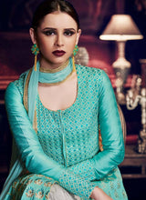 Load image into Gallery viewer, Shop fashionable sea green color silk base double layer concept anarkali dress
