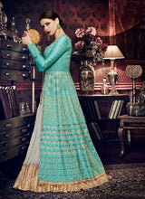 Load image into Gallery viewer, Buy fashionable sea green color silk base double layer concept anarkali dress
