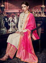 Load image into Gallery viewer, Shop ravishing off-white color silk base  straight suit style salwar kameez

