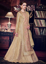 Load image into Gallery viewer, buy mesmerizing beige colored silk base long choli lehenga
