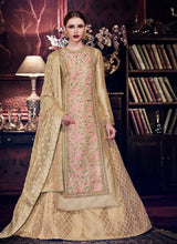 Load image into Gallery viewer, shop mesmerizing beige colored silk base long choli lehenga
