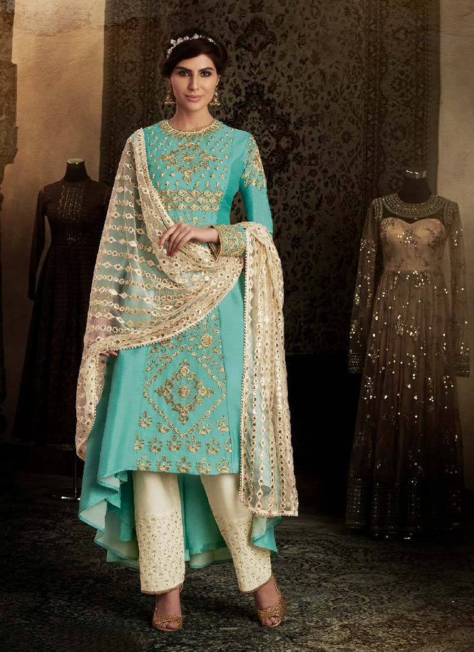 fancy sea green colored stylish designer pant style suit