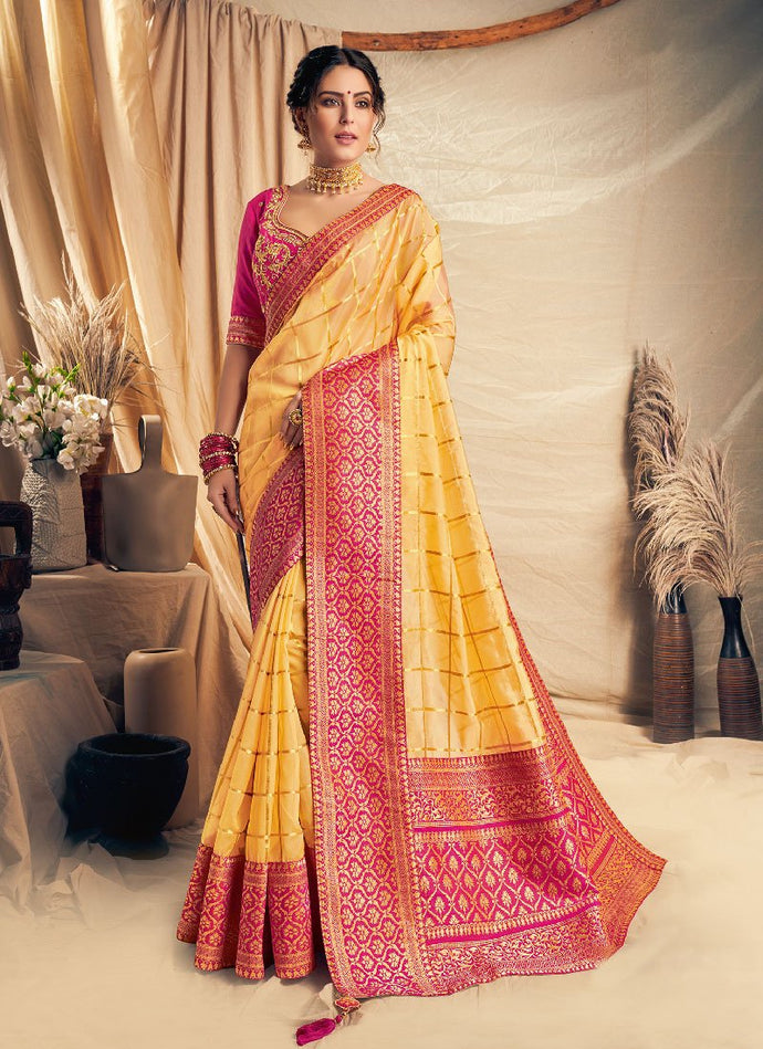 Ravishing yellow silk embroidered saree