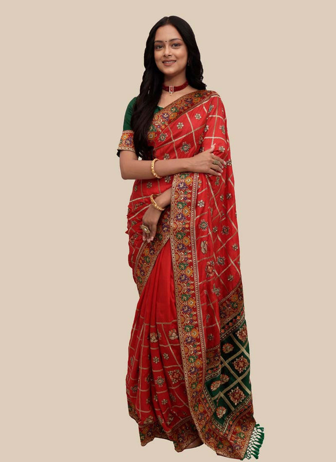 Silk fabric Red color Occasion wear Traditional Patola Saree