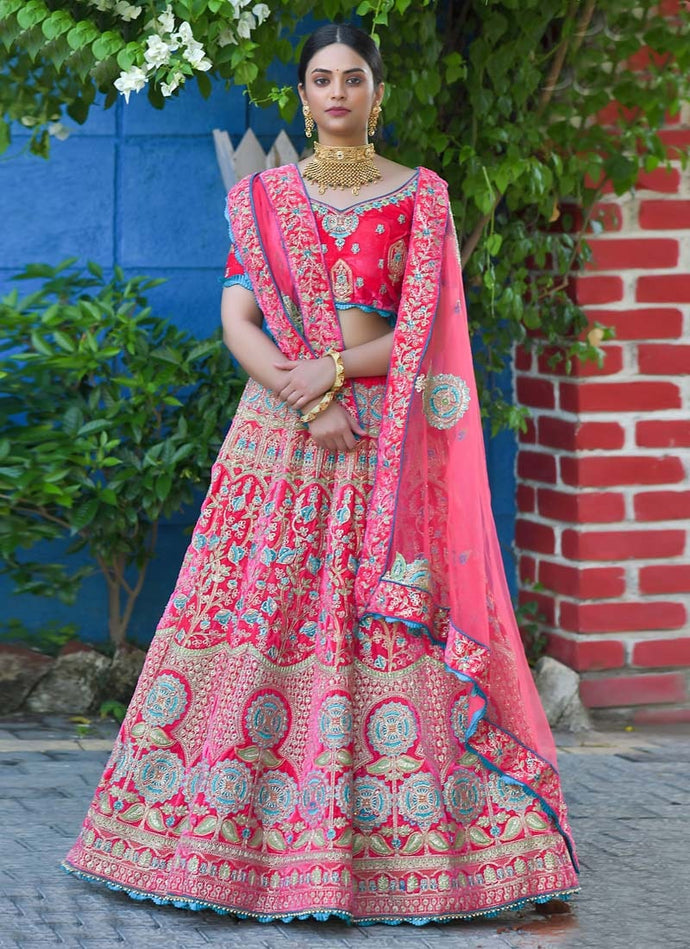 Enchanting bright Pink color Dori and Zari work Lehenga Choli with dupatta