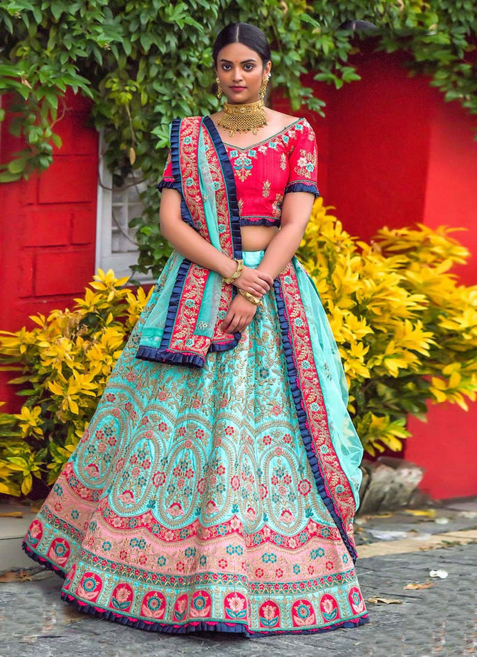 Glamorous Turquoise color Silk base Lehenga Choli with Zari-Resham work