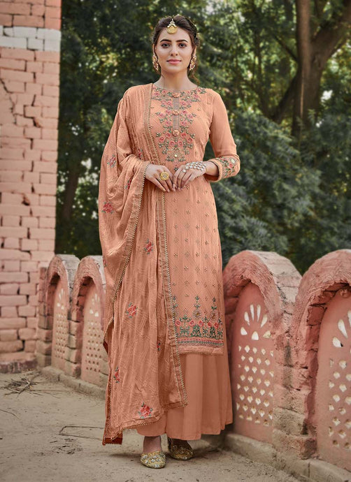 Thread and stone worked peach sharara suit with laced dupatta