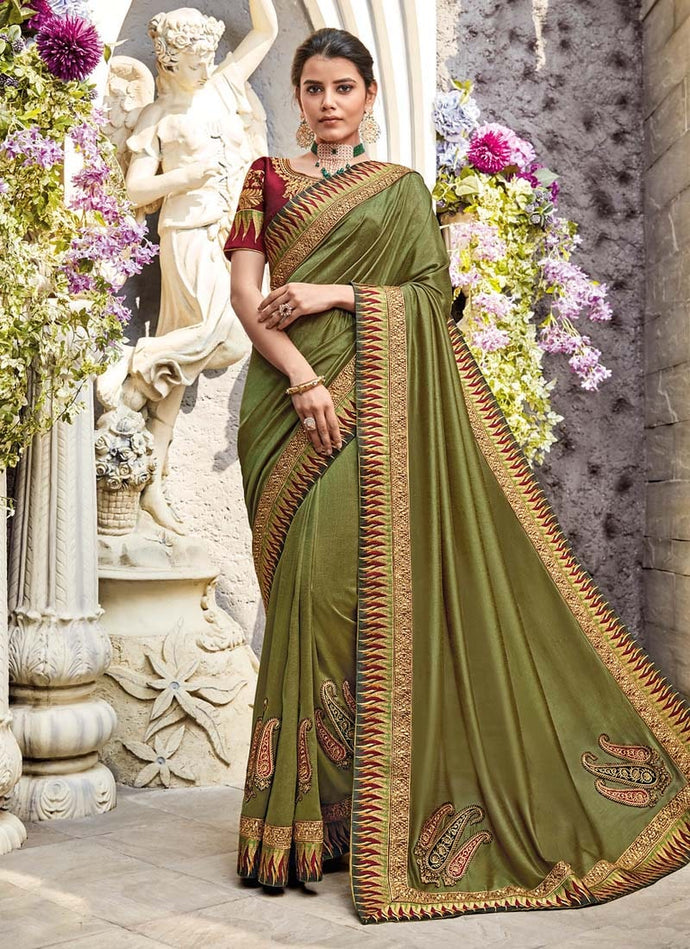 beautiful beige colored heavy work lace bordered silk base saree