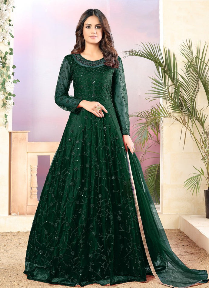 Stunning Green Color Soft Net Base Dori Work Anarkali Suit