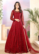 Load image into Gallery viewer, Stunning Red color Soft Net Base Dori Work Anarkali Suit
