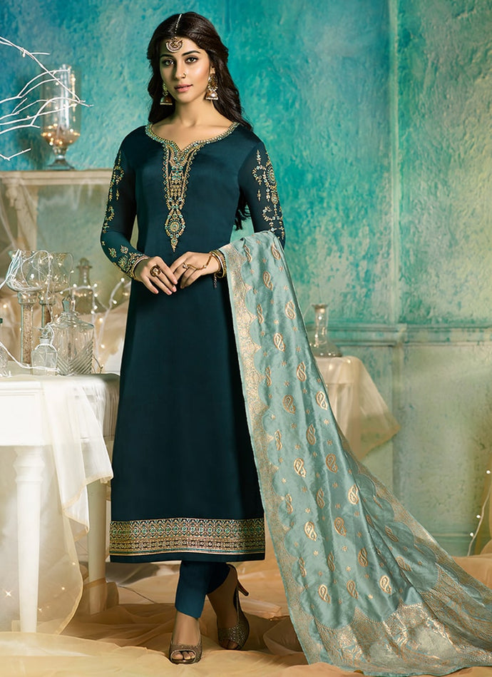eye-catching blue beads and zari work salwar suit with printed dupatta