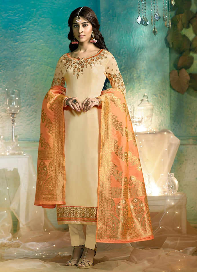 glorious off-white and orange salwar suit with printed dupatta