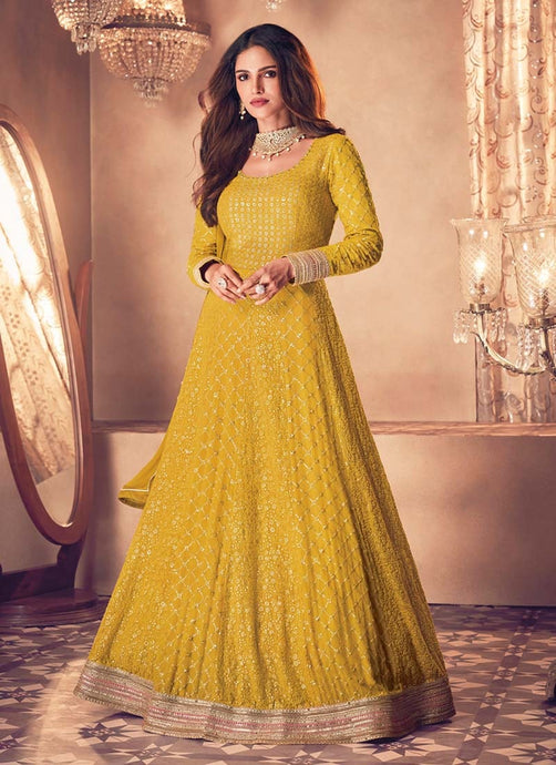 Yellow Color Georgette Fabric Sequined Work Designer Gown