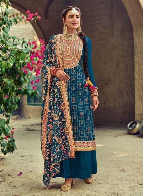 Traditional wear heavy embroidered georgette base blue Punjabi suit
