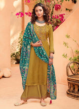 Load image into Gallery viewer, Ochre Yellow Color Silk Fabric Resham Work Palazzo Salwar Kameez

