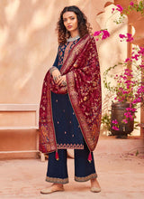 Load image into Gallery viewer, Silk Fabric Navy Blue Color Resham Work Pant Style Salwar Suit
