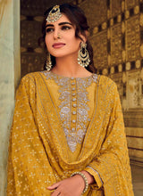 Load image into Gallery viewer, Mustard sharara suit with Zari and stone worked with heavy dupatta
