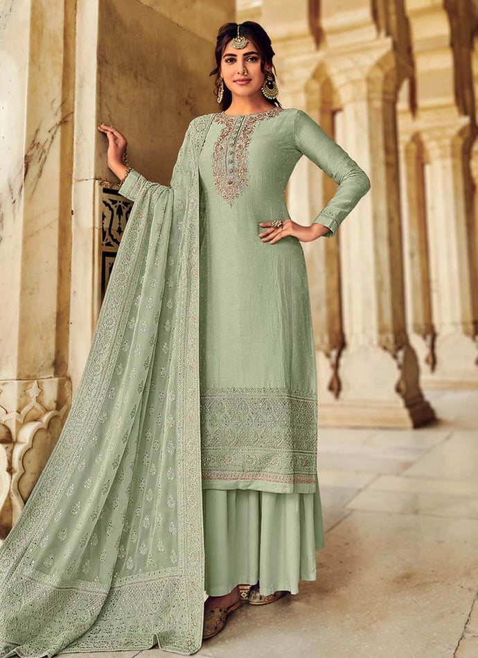 Engrossing Dark Sea Green color Silk base Sharara salwar suit with dupatta