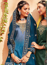 Load image into Gallery viewer, buy Satin fabric Steel Blue color Zari and Dori work Palazzo salwar suit
