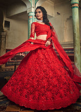 Load image into Gallery viewer, buy Magnificent Red colored Soft Net base Lehenga Choli
