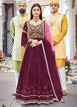 Load image into Gallery viewer, Thread And Sequins Work Bell Sleeves Designer Wine Gown
