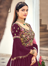Load image into Gallery viewer, Order now Thread And Sequins Work Bell Sleeves Designer Wine Gown
