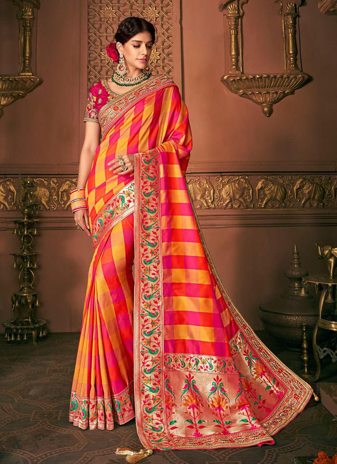 Yellow and pink color silk weave bridesmaid saree