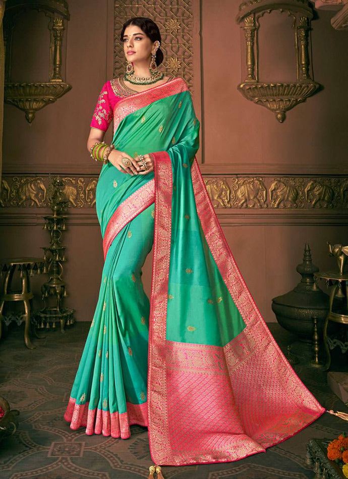 classic turquoise green color silk weave saree