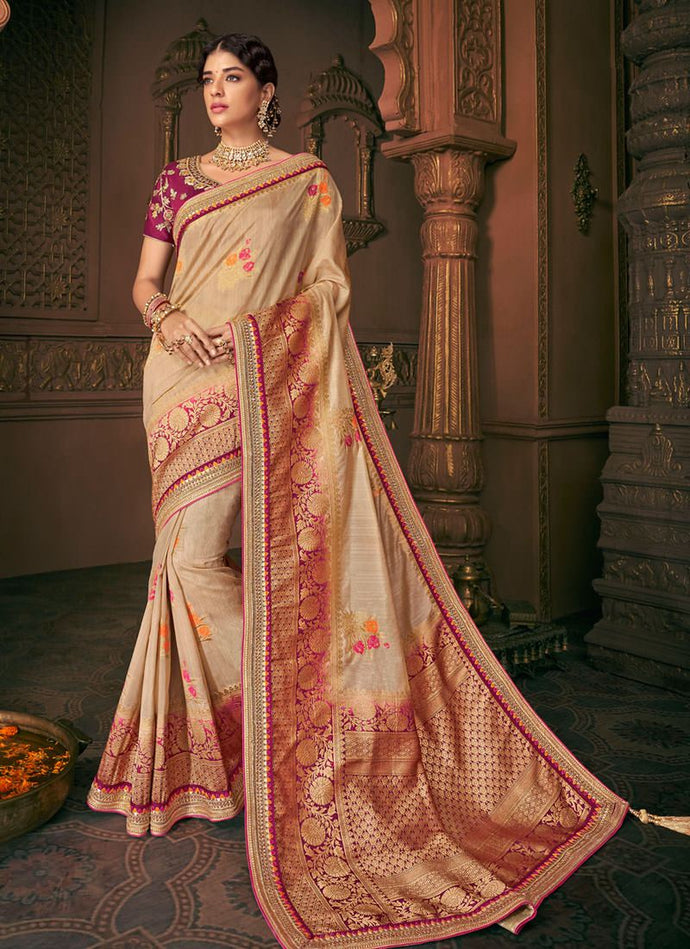 ravishing beige color bridesmaid silk weave saree