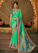 Load image into Gallery viewer, impressive green color bridesmaid silk weave saree
