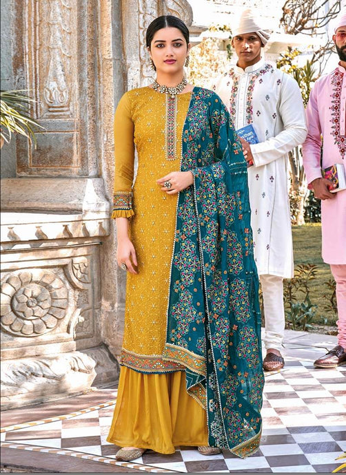 Yellow Color Art Silk Fabric Mirror And Resham Work Palazzo Salwar Suit
