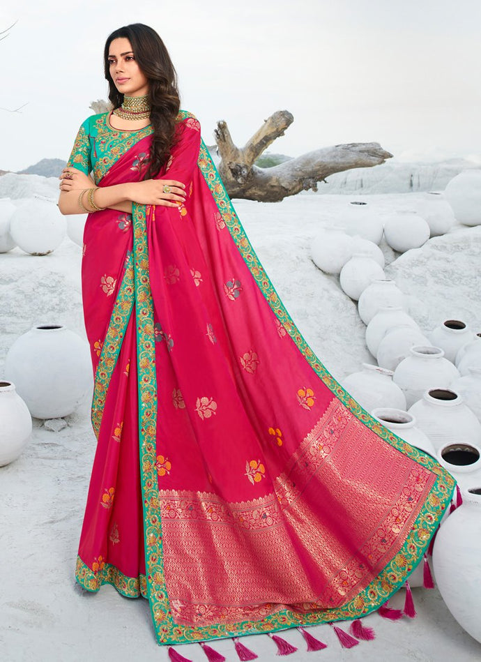 Traditional rani pink color silk weave with lace border saree