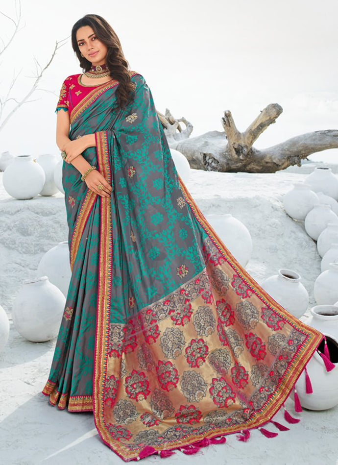 amazing green color silk weave with lace border saree