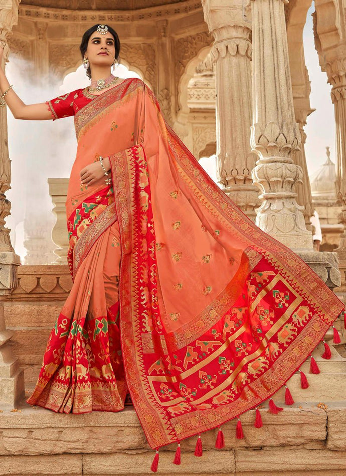 Classic peach color wedding wear silk weave saree