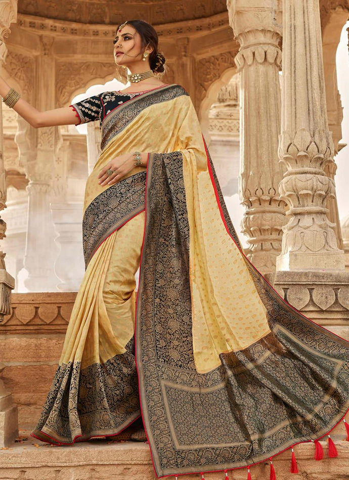 mesmerizing cream color wedding wear silk weave saree