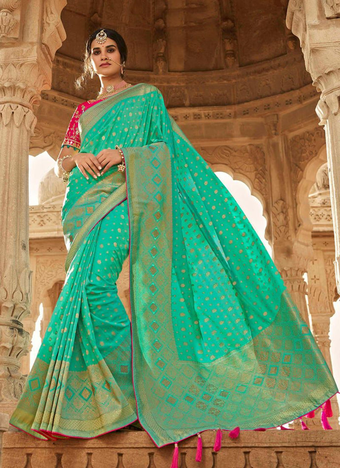 Traditional turquois green color silk weave saree