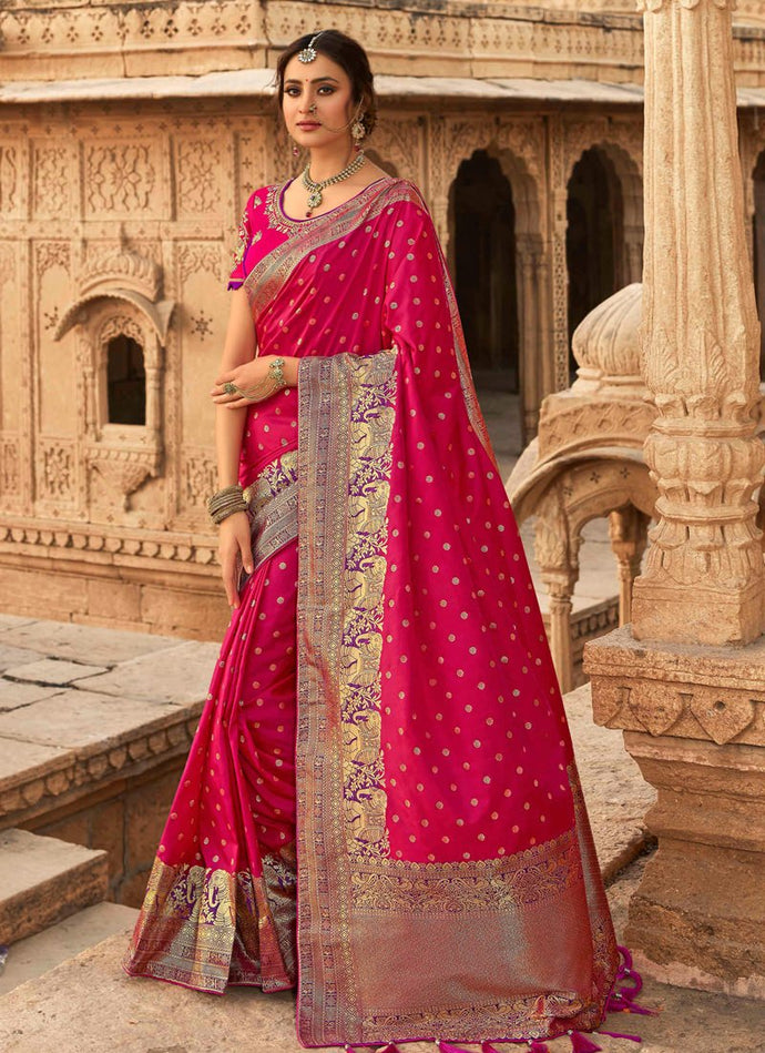 royal look rani pink wedding wear silk weave saree