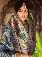 Load image into Gallery viewer, buy Lawn Green color V-neck blouse Silk base Silk weave Saree
