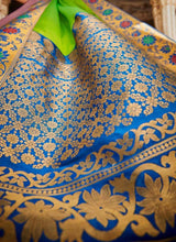 Load image into Gallery viewer, shop Lawn Green color V-neck blouse Silk base Silk weave Saree
