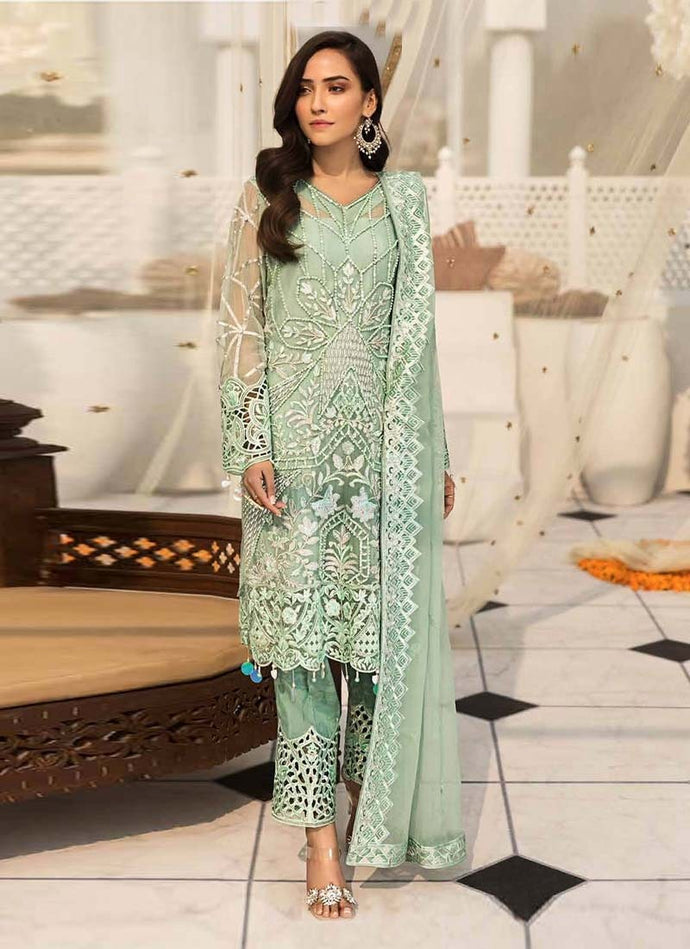 Alluring Pastel Green color Net fabric Pakistani Pant style salwar suit