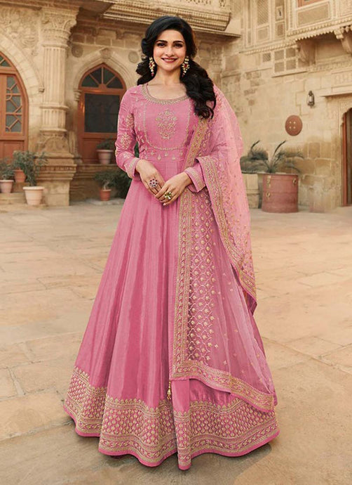 Designer hot pink colored Zari gown with laced dupatta