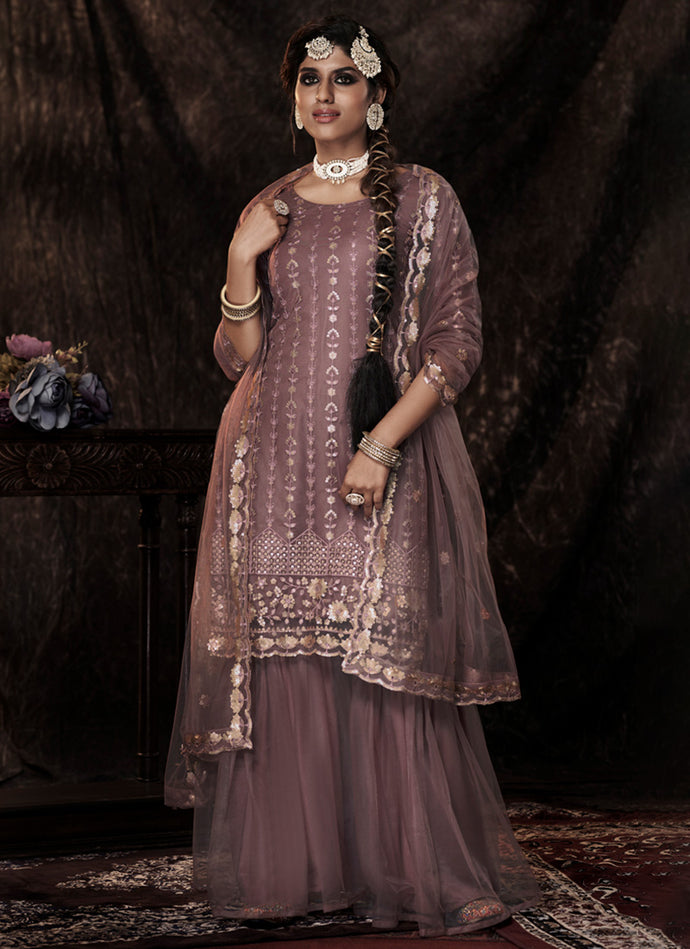 Lilac Color Elbow Sleeves Sharara Suit With Fully Sequins Work