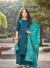 Load image into Gallery viewer, Shop now blue silk base palazzo suit
