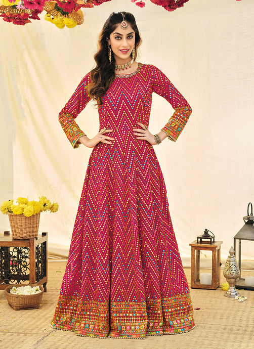Embroidery With Mirror Work Rani Pink Gown