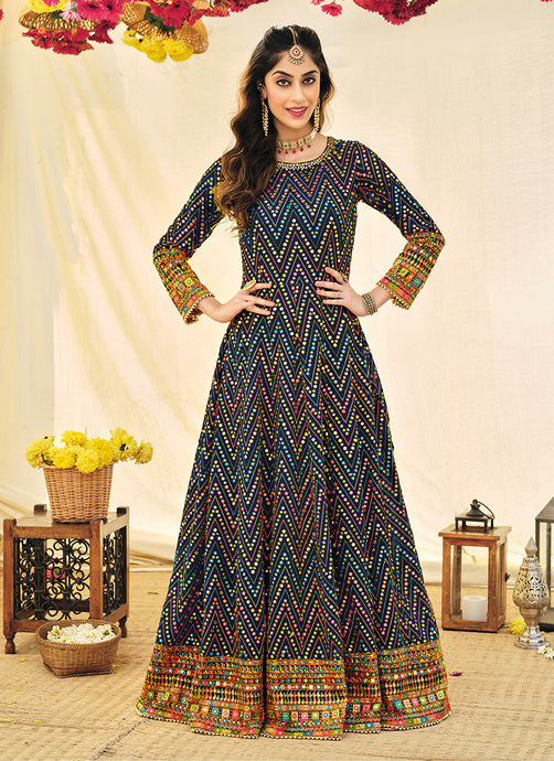 Zig Zag Pattern Embroidery Work Navy Blue Gown