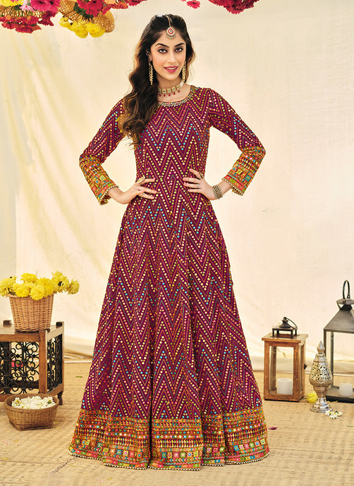 Wine Color Zig Zag Pattern Embroidery Work Gown