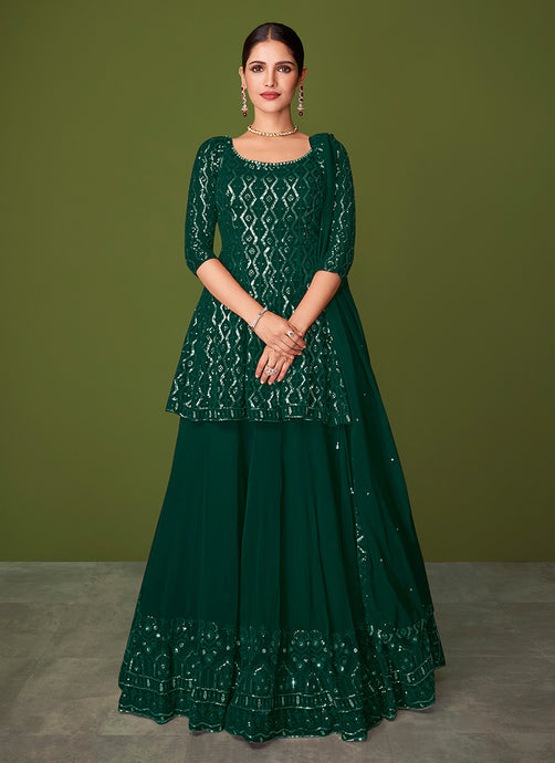 Dark Green Color Fully Sequins Work Festive Wear Long Choli Lehenga